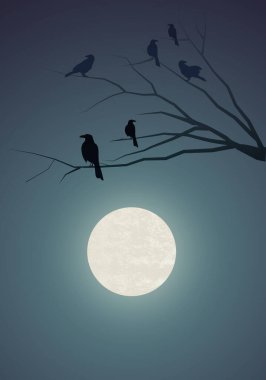 Ağaç dallarında karga siluetleri ve arka planda dolunay..