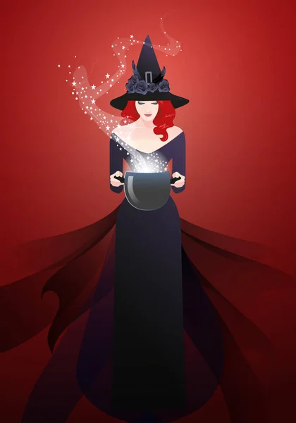 Hermosa Bruja Con Sombrero Vestido Negro Sosteniendo Caldero Mágico Lanzando — Vector de stock