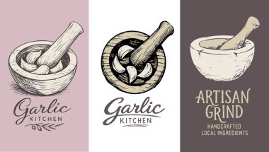 Sarımsak illüstrasyon setinde havan ve karanfil kürkü yer alıyor. Yumuşak nötr tonlarda oyulmuş çizgi sanatı.