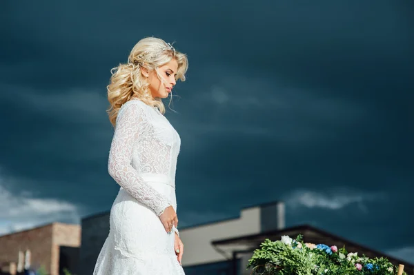 Hermosa novia joven en vestido de novia de lujo — Foto de Stock