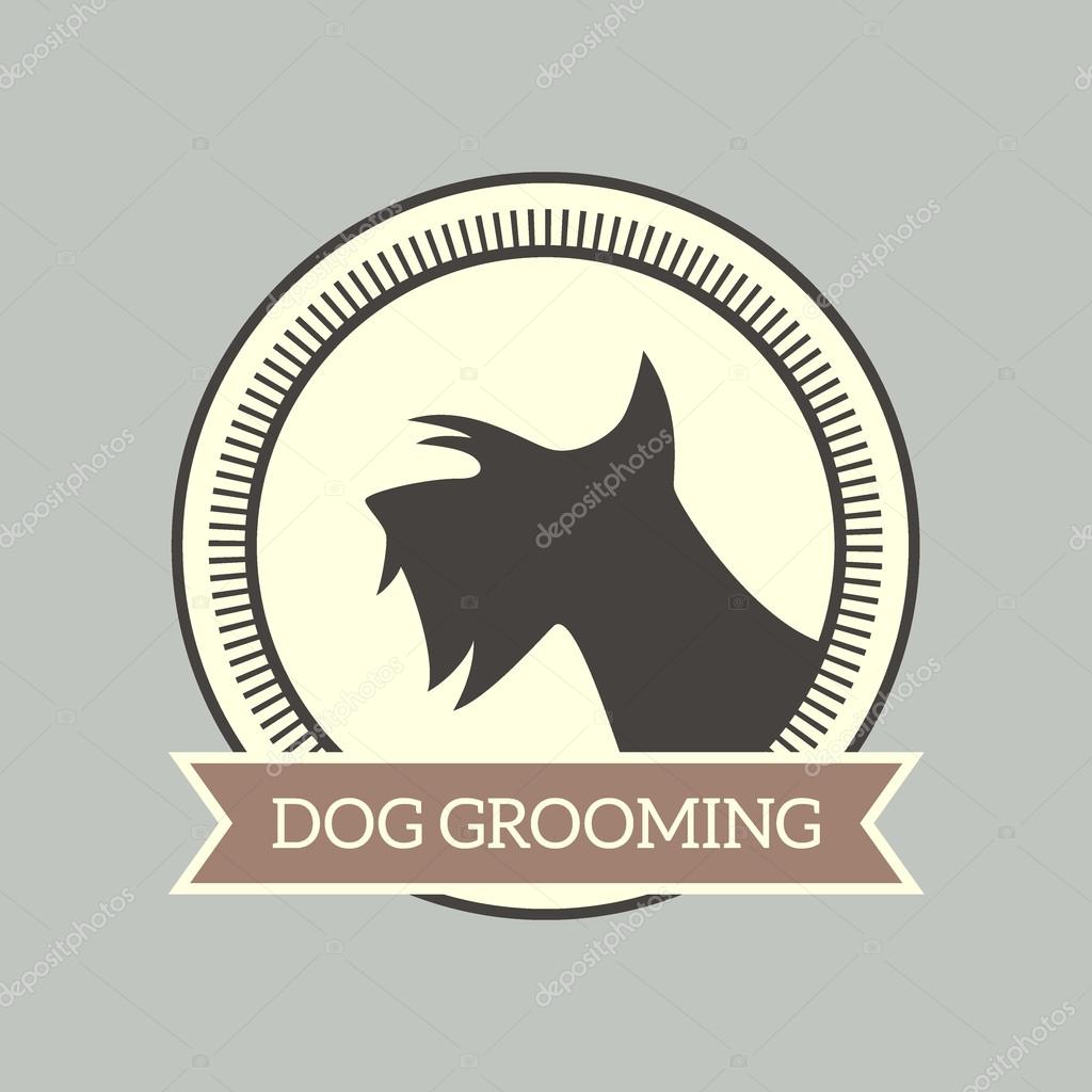 Vector pet grooming badge with dogs head profile. Vector pets care label made in retro style.