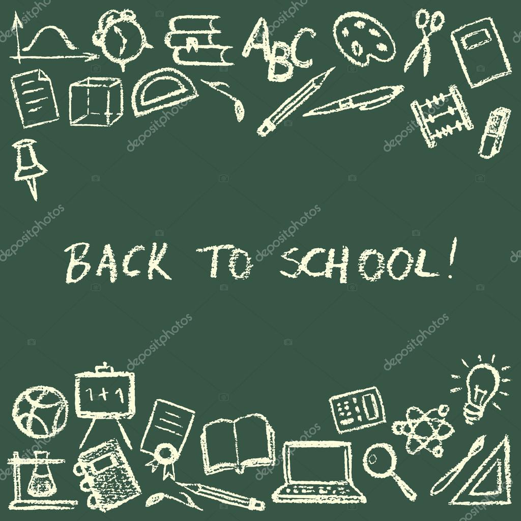 Back to school card made in vector. Hand drawn with chalk on blackboard school design elements.