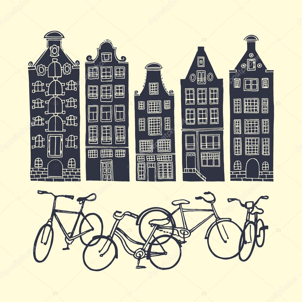 Vector illustration of a bike-friendly european city. Monochrome print of standing in front of the old houses bicycles.