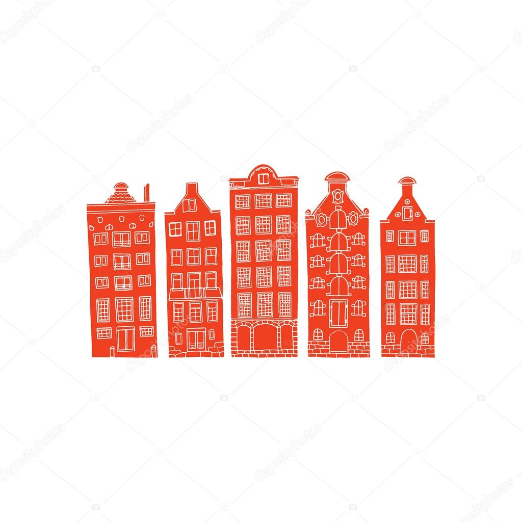 Vector city poster of Amsterdam. Monochrome print of old Amsterdam houses isolated on white background.