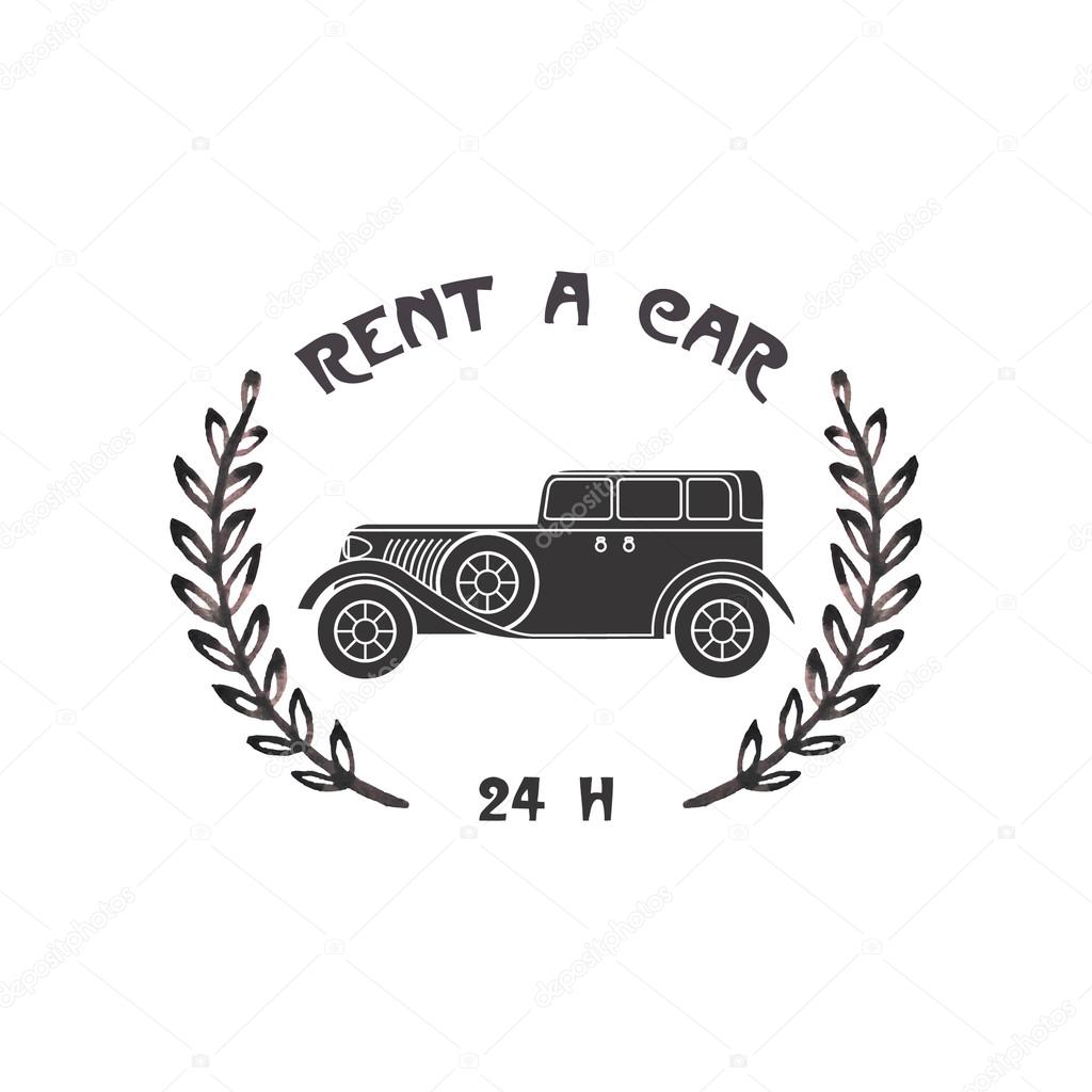 Car rental vintage badge with hand painted watercolor wreath and retro car image. Made in vector.