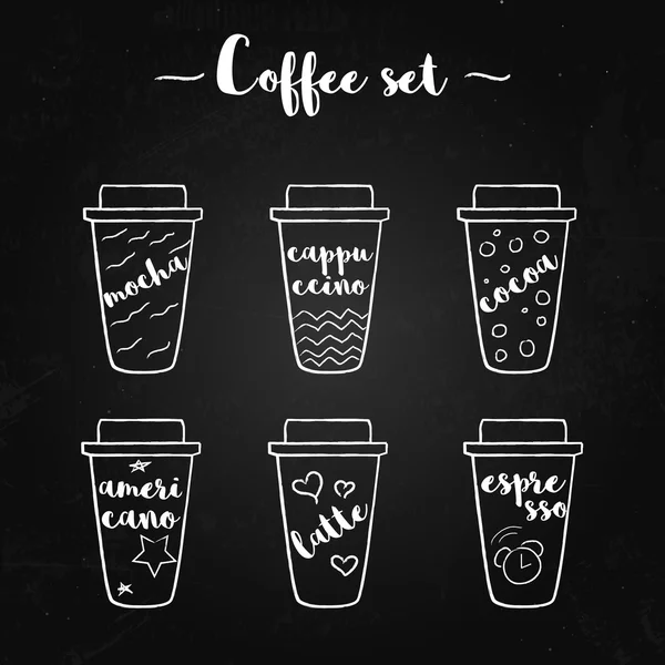 Satz handgezeichneter Kaffeesorten auf der Tafel — Stockvektor