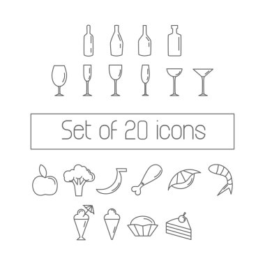 20 lineart simgeleri ayarlayın. Restoran veya kafe web sitesi için menü tasarımı.