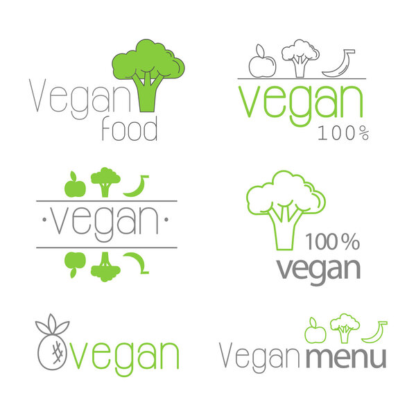 Set of vector vegan labels. Green and gray colors. Eco style logo