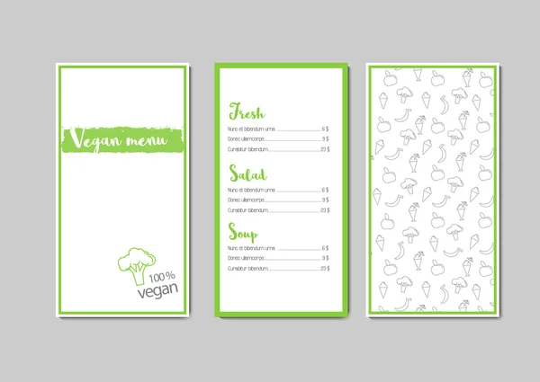 Modello di menu vegano vettoriale da 3 pagine con motivo. Colori verde e grigio — Vettoriale Stock