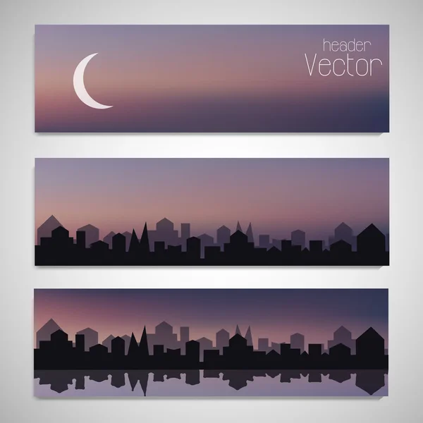 Vektor-Vorlage von drei Kopfzeilen mit Himmel und Nacht Stadt. Banner mit verschwommenem Hintergrund — Stockvektor