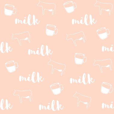 Süt nesneleri ve tipografi ile Seamless modeli. Mandıra için arka plan. Vektör çizim