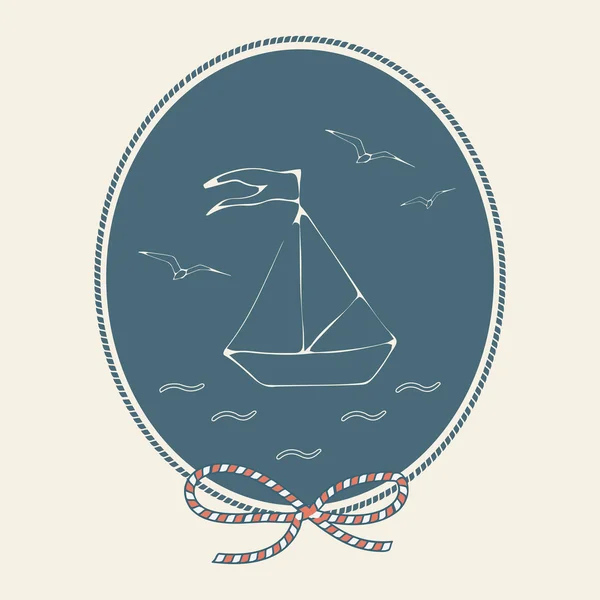 Postal vintage con barco, mar y gaviotas. Tema marino y náutico. Ilustración vectorial . — Vector de stock