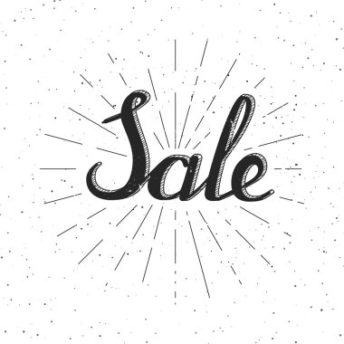 Satılık - yazı ve güneş ışınları ile arka plan. Vektör çizim vintage veya hippi tarzı. 