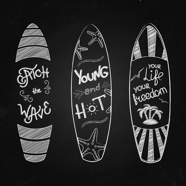 Ilustração vetorial de pranchas de surf com letras no quadro. Cartaz vintage —  Vetores de Stock