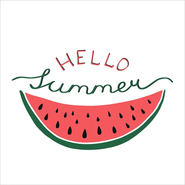 Hallo zomer - belettering poster met hand getrokken watermeloen. — Stockvector