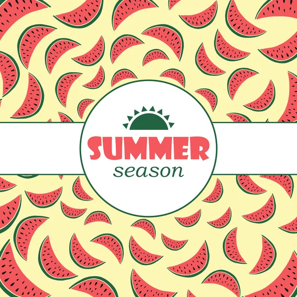 Vector achtergrond met hand getrokken watermeloen en label. Zomer seizoen achtergrond. — Stockvector