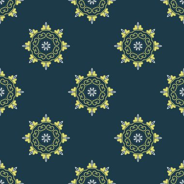 Vektör yuvarlak elemanları ile seamless Arapça modeli. Arka planda sarı ve koyu mavi renklerde. Kumaş doku