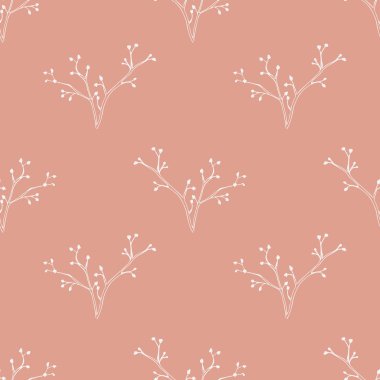 Vektör seamless modeli el ile çizilmiş çiçek öğeleri ve çilek. Botanik arka planda kirli pembe renk.