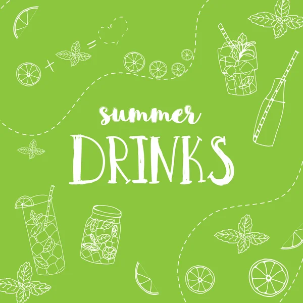 Ilustração vetorial de bebidas de verão desenhadas à mão. Cartaz de letras no fundo verde claro com fatias de limão . — Vetor de Stock
