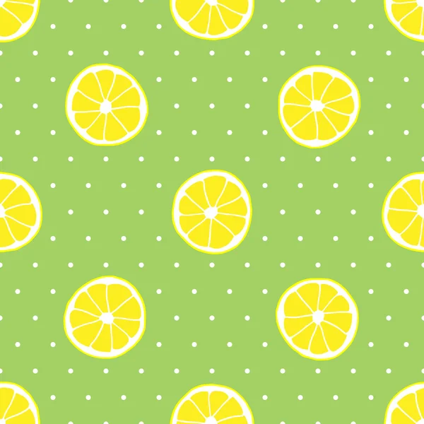 Vektornahtloses Muster mit Zitronenscheiben. Tupfen Hintergrund in grüner Farbe. — Stockvektor