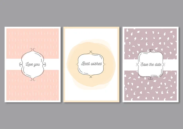 Conjunto de cartões de convite com padrões desenhados à mão. Convide cartões de casamento e cartazes. Salve o cartão de data — Vetor de Stock