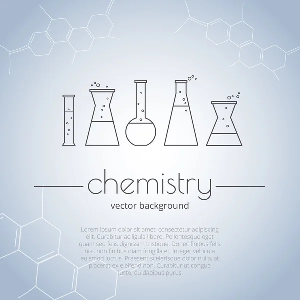 Ilustracja chemicznych kolb w stylu grafiki liniowej. Tło z struktur molekularnych. Szablon wektor — Wektor stockowy