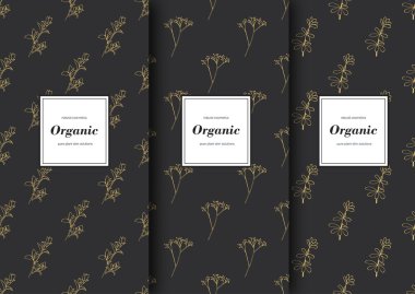 Organik dükkanı veya doğal kozmetik ambalaj etiket kümesi. Gri ve altın renkleri ile vektör çiçek desenleri.