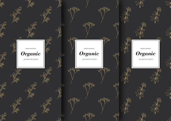 Organik dükkanı veya doğal kozmetik ambalaj etiket kümesi. Gri ve altın renkleri ile vektör çiçek desenleri.