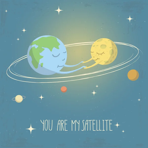 Vektorillustration des Sonnensystems. Erde und Mond halten einander die Hand. du bist mein Satellit - Schriftzug Zitat. — Stockvektor