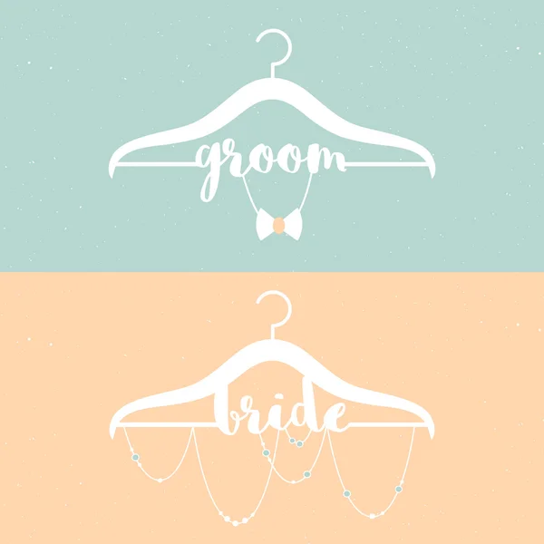 Illustration of wedding hangers. Wedding poster with tender colors. Groom and Bride - lettering words. — Stock Vector