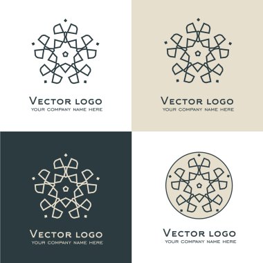 Vektör soyut geometrik logo kümesi. Kutsal geometri simgeleri. Gri ve bej renklerde marka kimliği