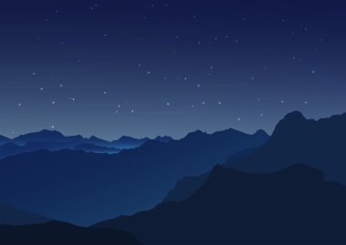 Vektör arka plan. Yıldızlı gece gökyüzü. Yıldız, gökyüzü, gece. Dağlar silüeti