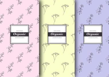 Organik dükkanı veya doğal kozmetik ambalaj etiket kümesi. Vektör çiçek desenleri ile ihale renkleri.