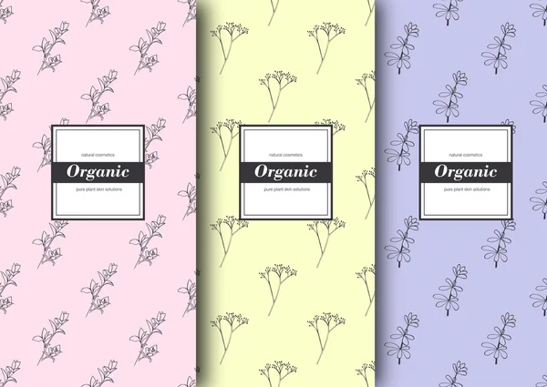 Set de etiquetas, envases para tienda ecológica o cosmética natural. Patrones florales vectoriales con colores tiernos . — Vector de stock