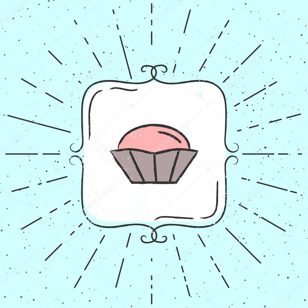 Vector Illustration of cupcake. Hand drawn hipster poster with sunbursts and vintage frame.