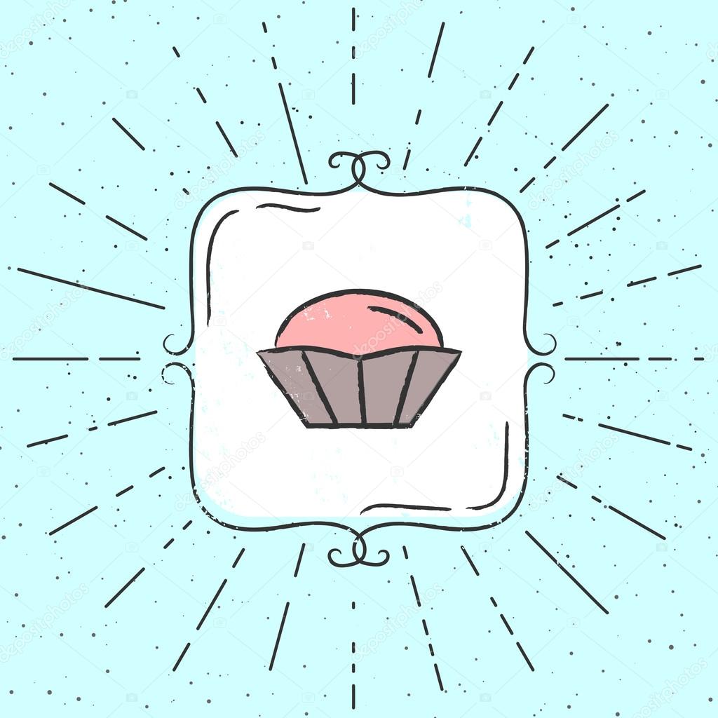 Vector Illustration of cupcake. Hand drawn hipster poster with sunbursts and vintage frame. Mint color