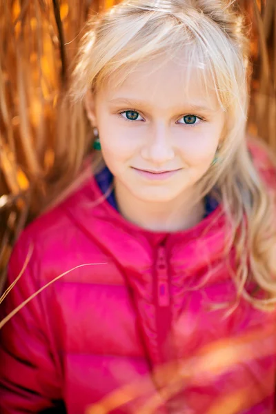 Aranyos kislány mosolyog egy rózsaszín — Stock Fotó