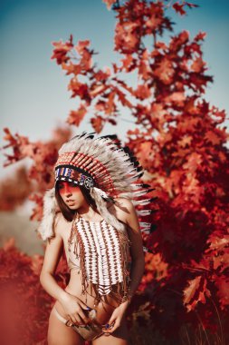 Güzel kız ile Amerikan Kızılderili bir takım elbise