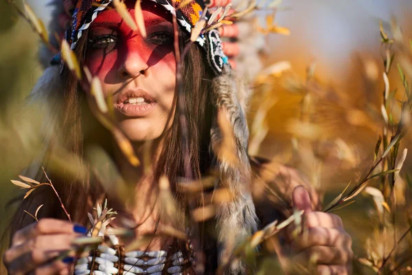 Schöne Mädchen in einem Anzug der amerikanischen Indianer — Stockfoto