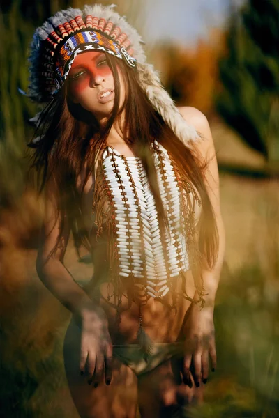 Beautiful girl in a suit of the American Indian — Stock Photo, Image