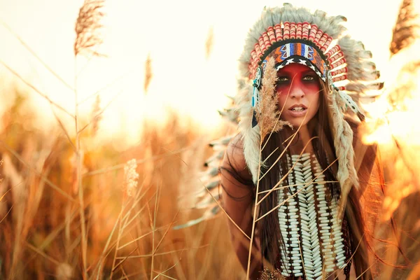 Schöne Mädchen in einem Anzug der amerikanischen Indianer — Stockfoto