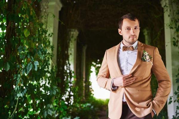 the groom in a brown suit and bow tie. park