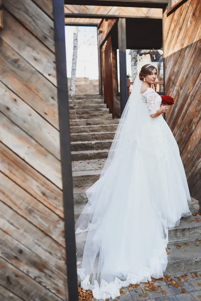 Güzel esmer gelin kız ahşap duvarları yakınında.