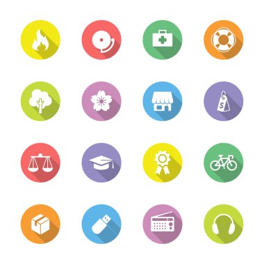 Uzun gölge ile daire üzerinde 6 renkli basit düz Icon set