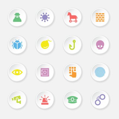 yumuşak gölge ile beyaz bir daire düğmesindeki 7 renkli düz Icon set