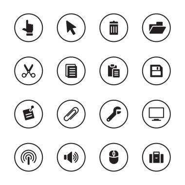 Daire çerçeve ile siyah düz bilgisayar ve teknoloji simge kümesi