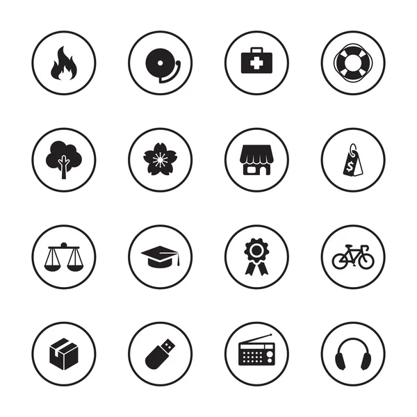 Black flat safety and miscellaneous icon set with circle frame — Stock Vector