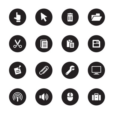 Siyah daire üzerinde beyaz düz bilgisayar ve teknoloji simge kümesi