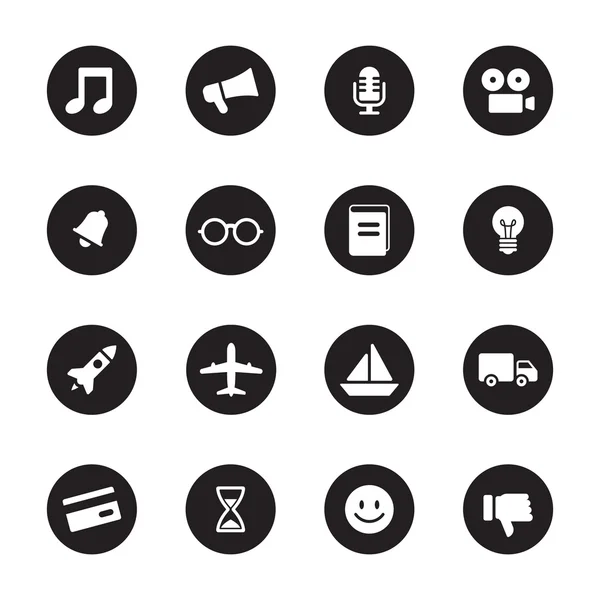White flat transport and miscellaneous icon set on black circle — Stock Vector