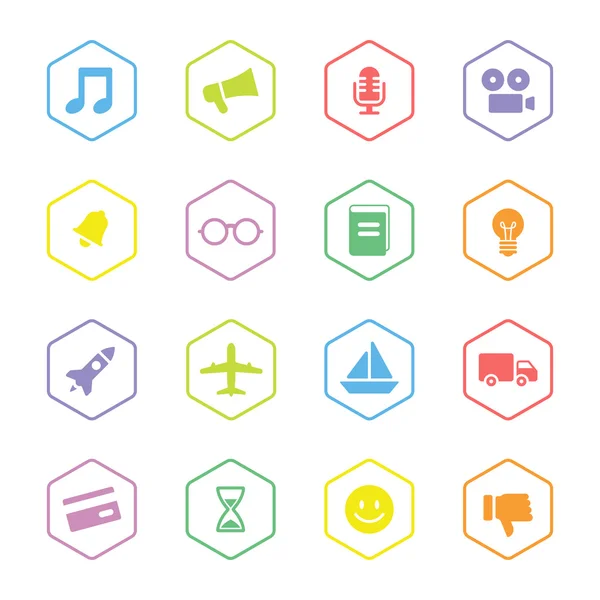 Transporte plano colorido e ícone diverso definido com quadro hexágono — Vetor de Stock